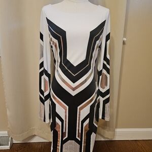Arden B Geometric Long Sleeve Bodycon Dress - Black, White, Metallic